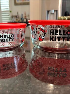 Hello Kitty Clear Glass Bowls with Bright Red Lids